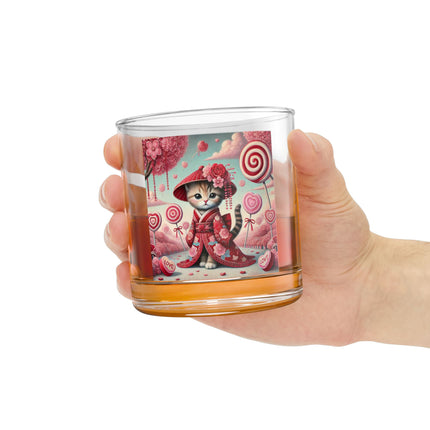 Whimsical Geisha Kitten in a Valentine Garden Rocks Glass, 10oz