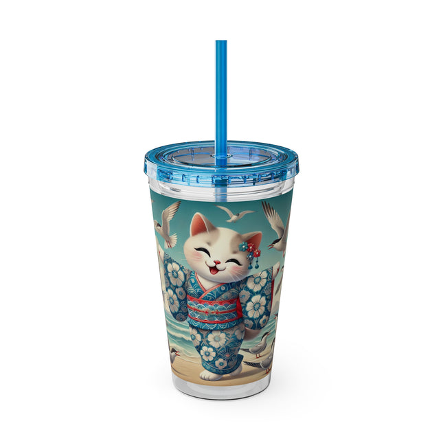Geisha Kitten by the Seaside Sunsplash Tumbler with Straw, 16oz