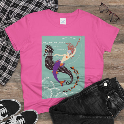 Mermaid on Seahorse Women's Midweight Cotton Tee – Dreamy Ocean Fantasy