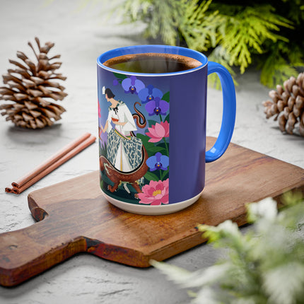The Lady And The Garden Dragon Colorful Mugs – Art Deco Mythical Botanical Elegance