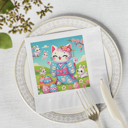 Springtime Kitten’s Easter Joy White Coined Napkins