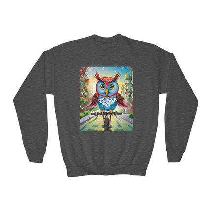 Cycling Owl Youth Crewneck Sweatshirt – Urban Adventure & Playful Motion