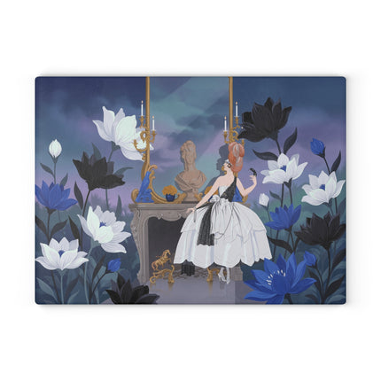 🖤💙 The Lady Of The Midnight Blue Salon Glass Cutting Board – Art Deco Floral Elegance
