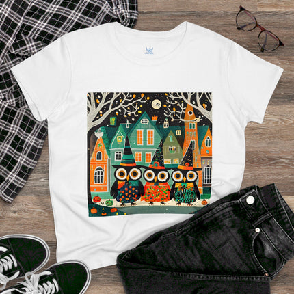 Night of the Trick-or-Treating Owlets Women's Midweight Cotton Tee