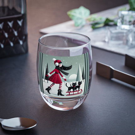 Red Sled & Curious Cats Whiskey Glass