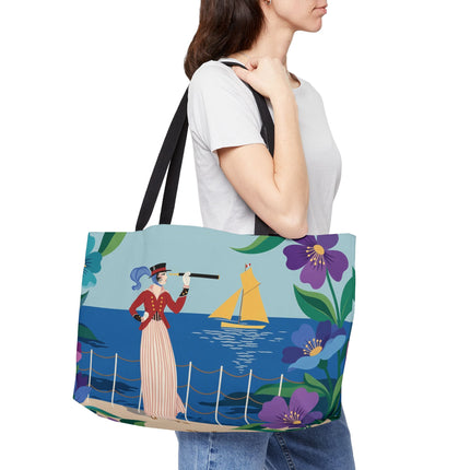 🌊🔭 The Lady Of The Seaside Lookout Weekender Tote Bag – Art Deco Nautical Adventure