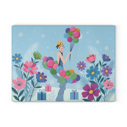 🎈❄️ The Lady Of The Winter Balloon Garden Glass Cutting Board – Art Deco Holiday Fantasy