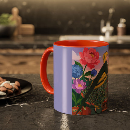 The Lady And The Crimson Birdcage Colorful Mugs – Art Deco Tropical Garden Elegance