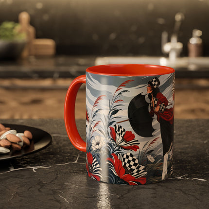 ☔🌹 The Scarlet Checkerboard Rainstorm Colorful Mug – Art Deco Floral Elegance
