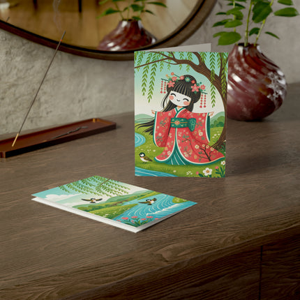 🌸🐦 The Willow Garden Maiden Greeting Card – Whimsical Japanese Garden