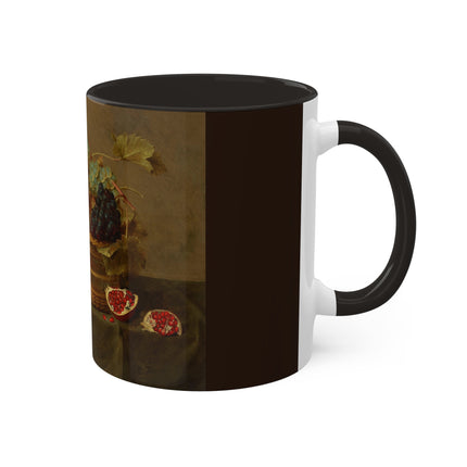 Basket of Grapes and a Pomegranate on a Table by Jacob van Hulsdonck Colorful Mugs, 11oz
