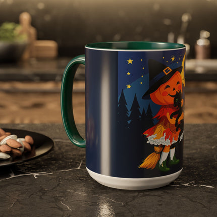 🎃🐈‍⬛ The Little Pumpkin Witch And Her Black Cat Colorful Mug – Whimsical Halloween Charm