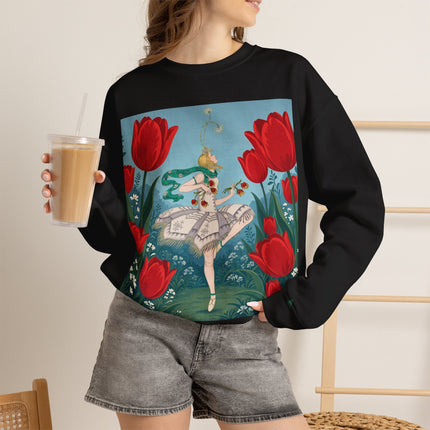 🌷🩰 The Scarlet Tulip Ballet Crewneck Sweatshirt – Art Deco Floral Whimsy
