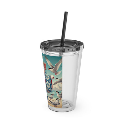 Geisha Kitten by the Seaside Sunsplash Tumbler with Straw, 16oz