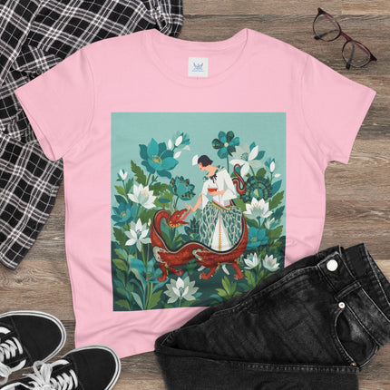 🐉🌿 The Dragon Keeper Cotton Tee – Art Deco Floral Fantasy
