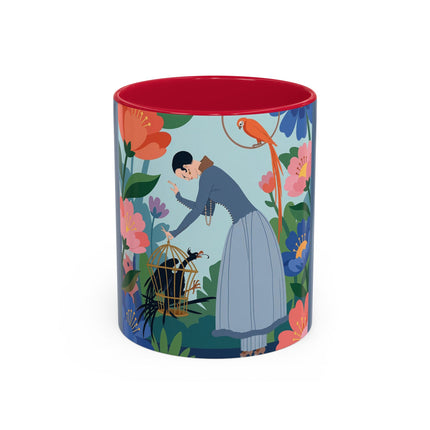 The Lady And The Mysterious Bird Colorful Mugs – Art Deco Botanical Mystery