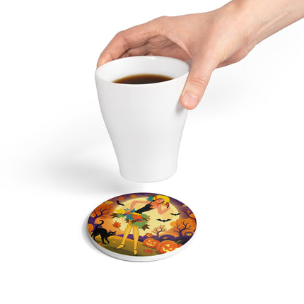 🌕🍂 Autumn Song Beneath The Harvest Moon Ceramic Coaster – Whimsical Halloween Charm