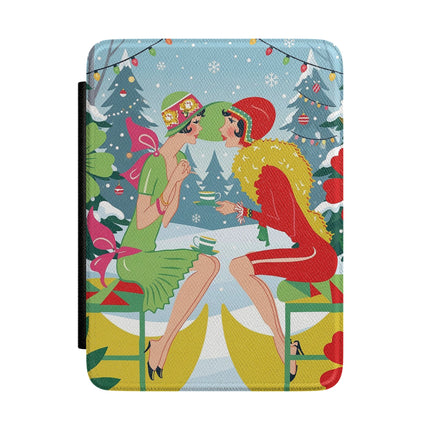 ☕🎄 Christmas Tea In The Snow Garden Kindle Case – Art Deco Holiday Friendship