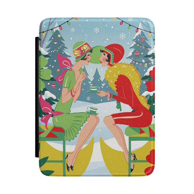 ☕🎄 Christmas Tea In The Snow Garden Kindle Case – Art Deco Holiday Friendship