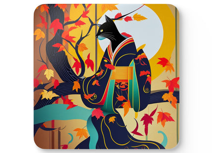 Black Cat in Kimono Corkwood Coaster Set