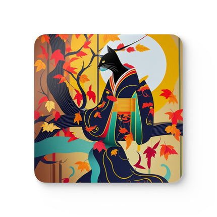 Black Cat in Kimono Corkwood Coaster Set