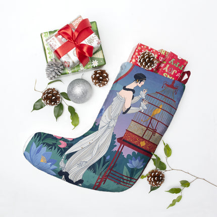 🐦🌸 Whispers To The Golden Songbird Christmas Stocking – Art Deco Garden Elegance