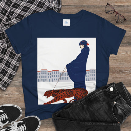 🐆🖤 The Lady With The Leopard Cotton Tee – Art Deco Fashion Illustration