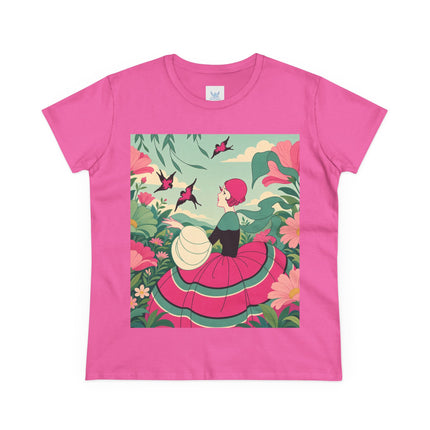 🐦🌺 The Garden Of Flying Birds Cotton Tee – Art Deco Floral Whimsy