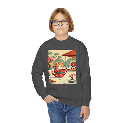 Archer Kitten in the Zen Garden Youth Crewneck Sweatshirt – Focus, Calm & Playful Precision