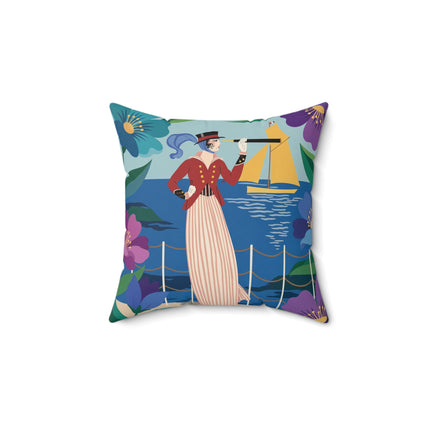 🌊🔭 The Lady Of The Seaside Lookout Square Pillow – Art Deco Nautical Adventure
