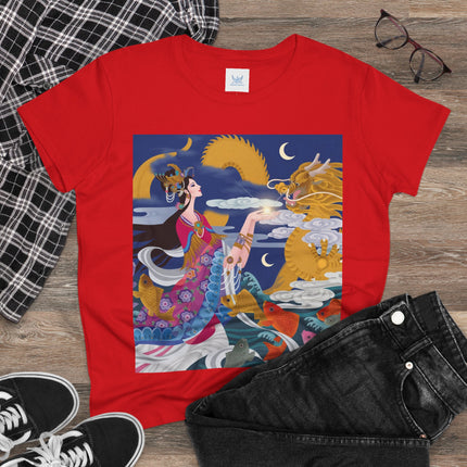 Dragon Pearl Offering Women's Midweight Cotton Tee – Mystical Fantasy & Golden Grace