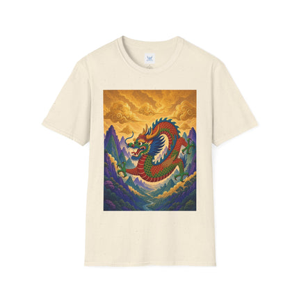 🐉🌄 The Golden Sky Dragon Softstyle T-Shirt – Mystical Mountain Fantasy