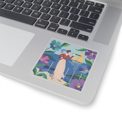 🌊🔭 The Lady Of The Seaside Lookout Kiss-Cut Stickers – Art Deco Nautical Adventure