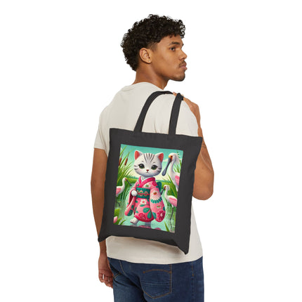 Geisha Kitten Strolls Among the Spoonbills Cotton Canvas Tote Bag – Serene Grace & Marshland Wonder
