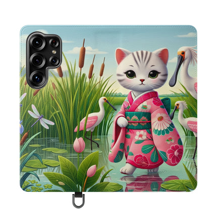 🦩🌸 Geisha Kitten Strolls Among the Spoonbills Flip Case – Serene Grace & Marshland Wonder