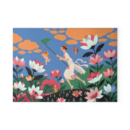 🌸🦋 The Butterfly Chase Garden Glass Cutting Board – Art Deco Whimsical Floral Elegance