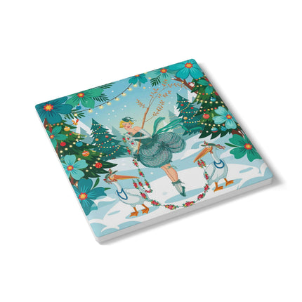 🦩🎄 The Lady Of The Christmas Garland Birds Ceramic Coaster – Whimsical Art Deco Holiday Fantasy