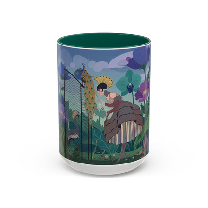 The Lady And The Enchanted Heron Colorful Mugs – Art Deco Botanical Elegance