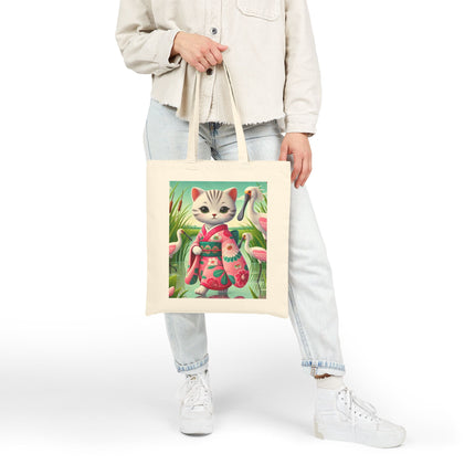 Geisha Kitten Strolls Among the Spoonbills Cotton Canvas Tote Bag – Serene Grace & Marshland Wonder