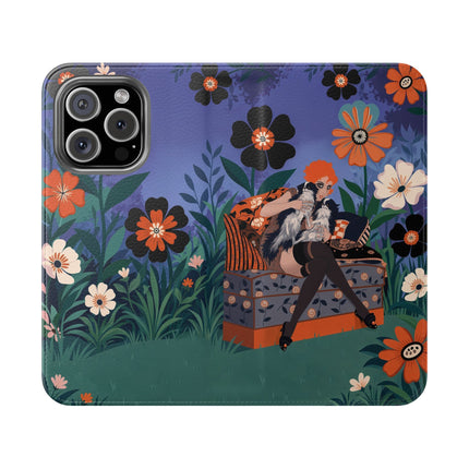 🌺🐈 The Lady Of The Midnight Garden Cat Flip Case – Art Deco Floral Fantasy