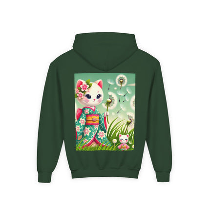 Geisha Kitten and the Dandelion Wish Youth Hooded Sweatshirt – Soft Dreams & Gentle Wonder