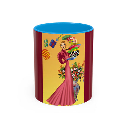 Elegant Holiday Woman with Gifts Colorful Mugs (11oz, 15oz)