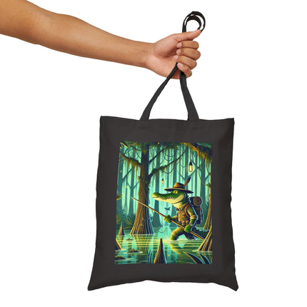The Swamp Stalker Cotton Canvas Tote Bag – Stealthy Predator & Misty Mystery