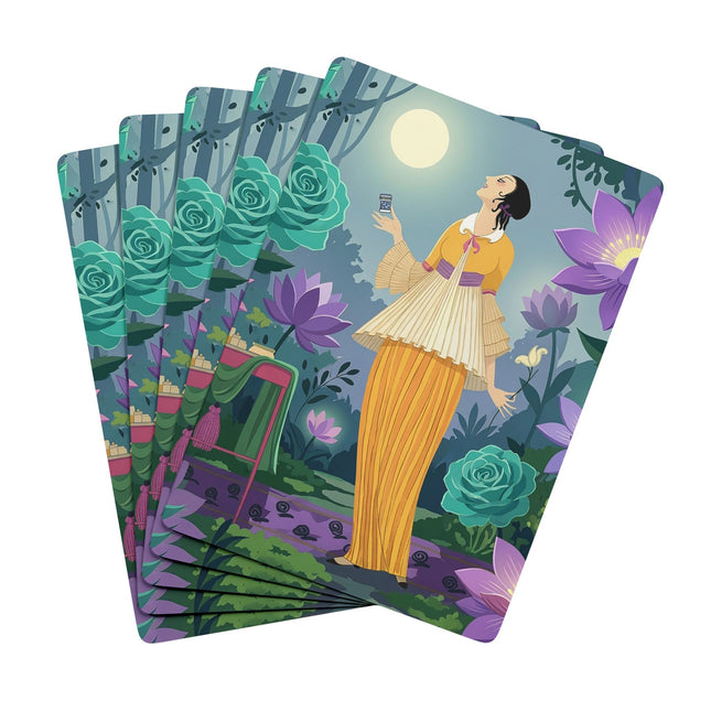 🌙🪷 The Lady Of The Moonlit Garden Playing Cards – Art Deco Garden Serenity
