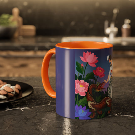 The Lady And The Garden Dragon Colorful Mugs – Art Deco Mythical Botanical Elegance