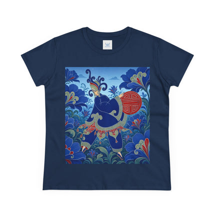 💙🌺 The Imperial Blue Garden Cotton Tee – Art Deco Oriental Elegance