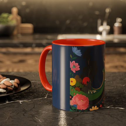The Lady And The Crimson Moonbird Colorful Mugs – Art Deco Whimsical Garden Elegance