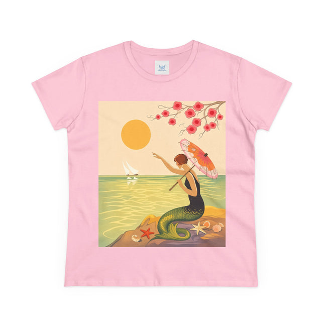 🧜‍♀️🌸 The Mermaid Beneath The Blossoms Cotton Tee – Art Deco Seaside Fantasy