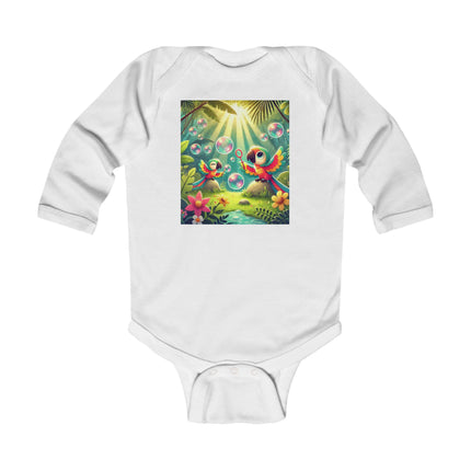 Parrots and Bubbles Baby Long Sleeve Bodysuit – Whimsical Tropical Bird Design