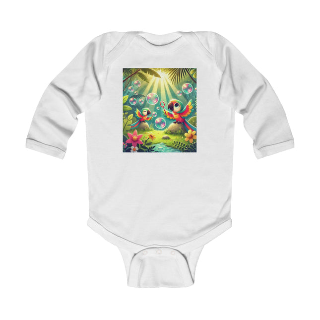 Parrots and Bubbles Baby Long Sleeve Bodysuit – Whimsical Tropical Bird Design